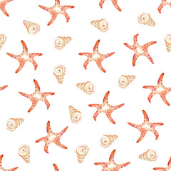 Watercolor seamless pattern underwater life  with  starfish and seashell. Fairy tale cute background.  Texture for wrapping paper, fabrics, decor, banners, cover.