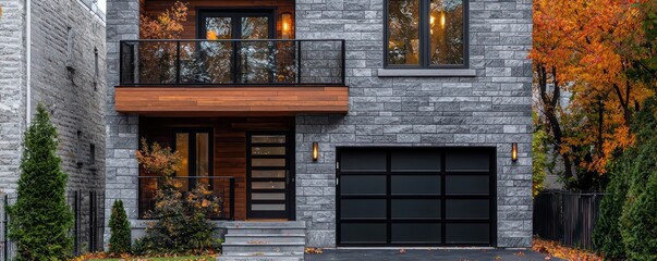 Front view of a stylish Montreal house with grey stone and wood accents, a black garage door, in an autumn setting