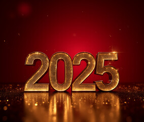 futuristic new year theme features bold shimmering gold numerals prominently displayed deep rich crimson