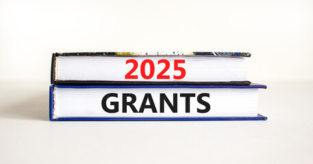 Planning 2025 grants new year symbol. Concept words 2025 Grants on beautiful books. Beautiful white background. Business 2025 grants new year concept. Copy space.