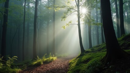 Obraz premium Morning Sunlight Filtered Through Forest Trees