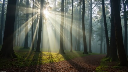 Obraz premium Morning Sunlight Streams Through Serene Forest