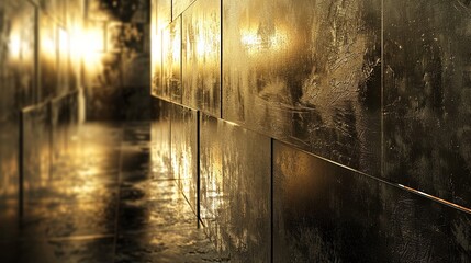 Golden wall reflecting light in a dark room, perfect for backgrounds