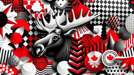 Obraz premium Canada banner featuring hexagons, circles, and maple leaves in the national colors of red and white.a background that highlights the heritage of Canada with elements of moose and the Canadian flag. 