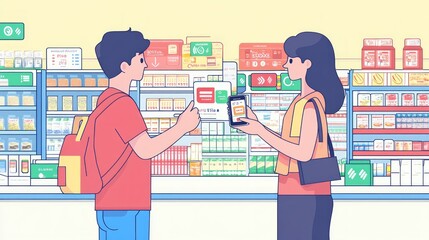 Two people in a store comparing products using a phone and paper.