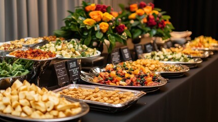 Obraz premium Snacks, food on platters, festive table, corporate cuisine, banquet table