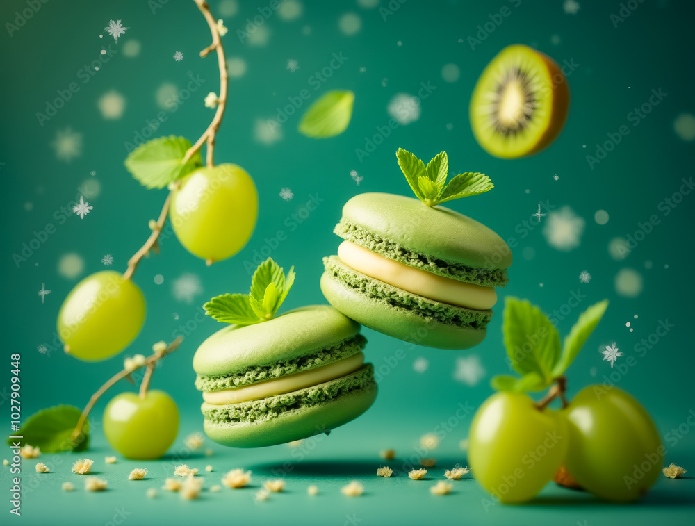 Poster two green macarons, artfully placed with kiwi slices and green grapes, create a delightful visual fe