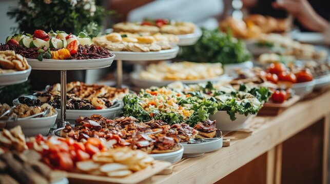 Elegantly styled banquet catering table including an array of delectable appetizers, canapes, salads, and delicatessen items for a corporate birthday party or wedding celebration.