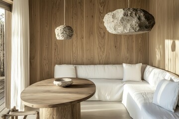 Light-filled living room with natural oak walls, a white sofa, and an oval wooden table under a stylish stone hanging lamp