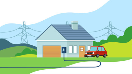 Electric Car Charging at Home with Power Grid in Background Vector Illustration