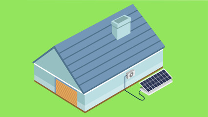 House with Solar Panel and Electric Power Connection Vector Illustration