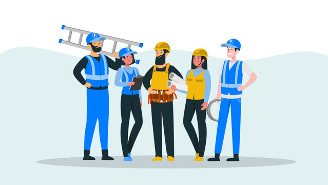 Team of Construction Workers and Engineers Vector Illustration