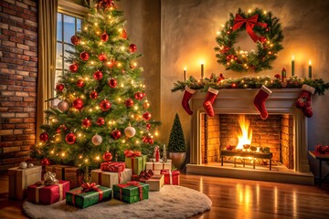 A beautifully decorated living room with a glowing fireplace, Christmas tree, and gifts under the tree. The warm ambiance is perfect for a festive and cozy holiday setting.