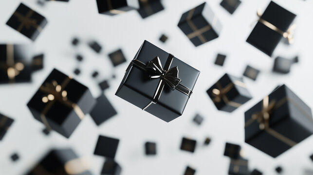 A dynamic scene of black gift boxes "falling" from above, creating a sense of abundance and massive discounts. Black Friday concept, copy space