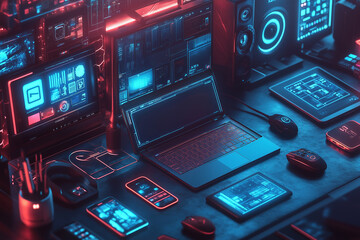 A modern workspace featuring multiple digital devices illuminated with vibrant neon lights in a dark setting