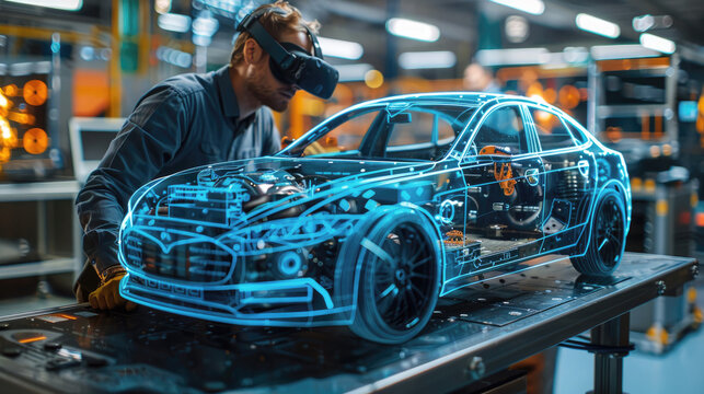 A male engineer wearing a VR headset interacts with a 3D holographic model of a car in a high-tech automotive design lab. Virtual reality, innovation, and modern automotive development.