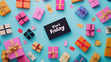 A collage of scattered small gifts, sale tags, and "Black Friday" text in modern typography at the top. Black Friday concept, copy space