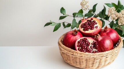 The arrangement features a wicker basket brimming with ripe pomegranates, including sliced ones revealing glistening seeds against a pure white backdrop