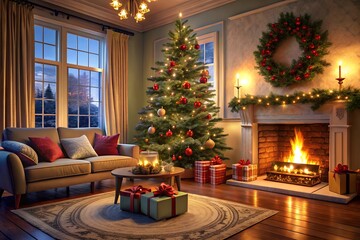 Festive Christmas living room featuring a beautifully decorated tree and cozy fireplace. The room is illuminated by candles and glowing lights, creating a warm holiday atmosphere