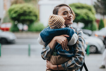 A happy mother embraces her baby while enjoying a day outside. The scene captures warmth, love, and family affection in a casual urban setting.