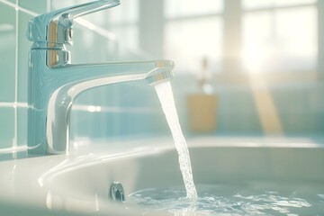 Clean water flowing from tap on light kitchen background. Healthy clean mineral liquid drink or beverage, movement, flow, energy, purity. Banner, poster, wallpaper, copy space