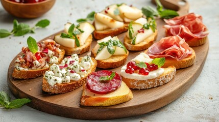 snack and appetizer buffet table provided by the caterer. A selection of canap&eacute;s featuring cheese, pears, bruschetta, jamon, and mint