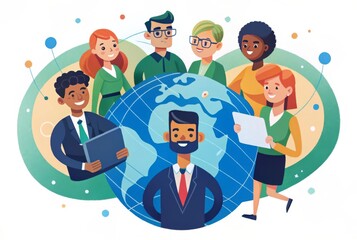 Group of multinational businesspeople and digital technology concept. Wide angle visual for banners or advertisements.
