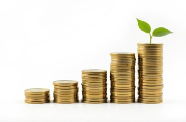 Stacks of golden coins growing with a plant growing on top
