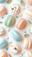 Obraz premium Indulge in a delightful assortment of colorful macarons in pastel shades, highlighting their intricate details and textures, perfect for a sweet-themed mobile background
