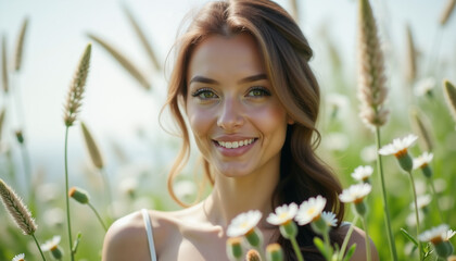 Fototapeta premium A close up portrait of a beautiful female in a field of wild flowers