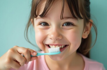 Happy little girl with brown hair brushing her teeth