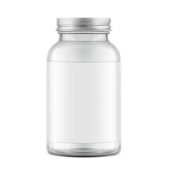 Clear glass wide mount bottle with screw cap and label mockup for treats, vitamins, supplements isolated on white background. Vector illustration. Ready for your design. EPS10.	
