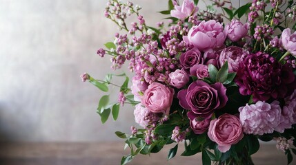 A lush bouquet featuring dark pink and purple roses, vibrant fuchsia peonies, and rich burgundy camellias showcases a romantic floral arrangement perfect for Valentine's Day