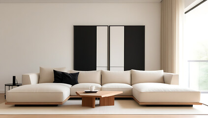 Fototapeta premium live edge coffee table stands near white corner sofa black pillows beige curtains drape room