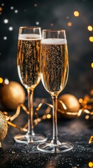 Two champagne glasses with bubbles and golden Christmas ornaments. Cozy and elegant setting for Christmas or New Year celebration.