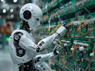 Fototapeta premium An advanced robot working on control panel components in a technology environment, showcasing innovation and automation.