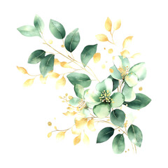 Watercolor floral design with green and gold leaves ideal for fashion and décor