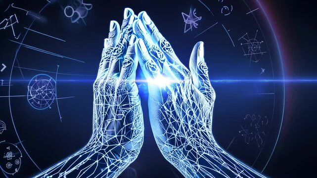 Digital wireframe hands in a praying gesture, with a glowing blue background. video
