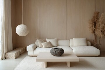Minimalist living room setup with light wooden walls, a plush white sofa, and a coffee table under a round stone lamp