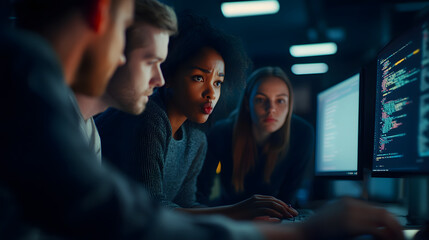 A team of professionals from various backgrounds collaborating on a digital project coding together in a sleek tech office.