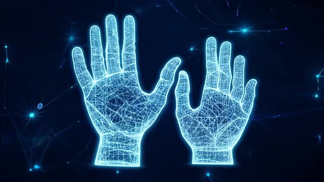 Multiple wireframe hands in a symmetrical pose with blue lighting, giving a high-tech feel. video