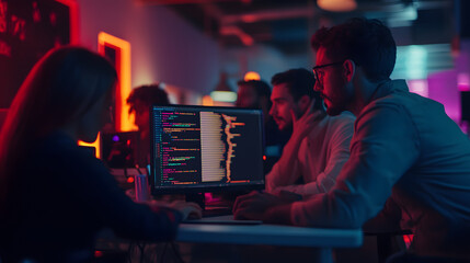 A team of professionals from various backgrounds collaborating on a digital project coding together in a sleek tech office.