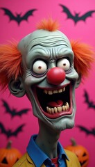 A funny zombie head with a fake nose and clown wig on the right side. The background is a bright pink with subtle Halloween bats and jack-o’-lantern carvings.