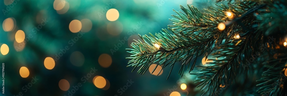 Poster christmas tree branch with twinkling lights and soft bokeh background in warm holiday atmosphere for