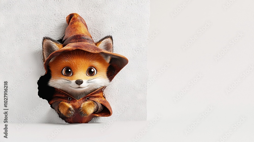 Wall mural   A plush fox wearing a hat hangs on the wall