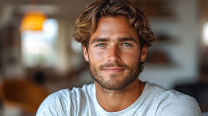 Obraz premium Young man with wavy hair and blue eyes sitting indoors, smiling warmly in a relaxed atmosphere during daylight hours