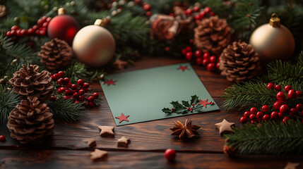Fototapeta premium Christmas decorations with pine cones and ornaments on table