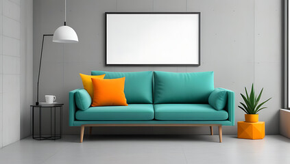 teal sofa yellow pillows orange blanket sits grunge concrete wall poster frame