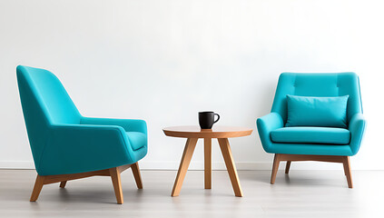 turquoise armchair wooden coffee table stand white wall empty space