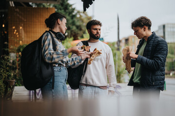 A group of college students sharing snacks outdoors during a break, capturing a moment of casual conversation and camaraderie.